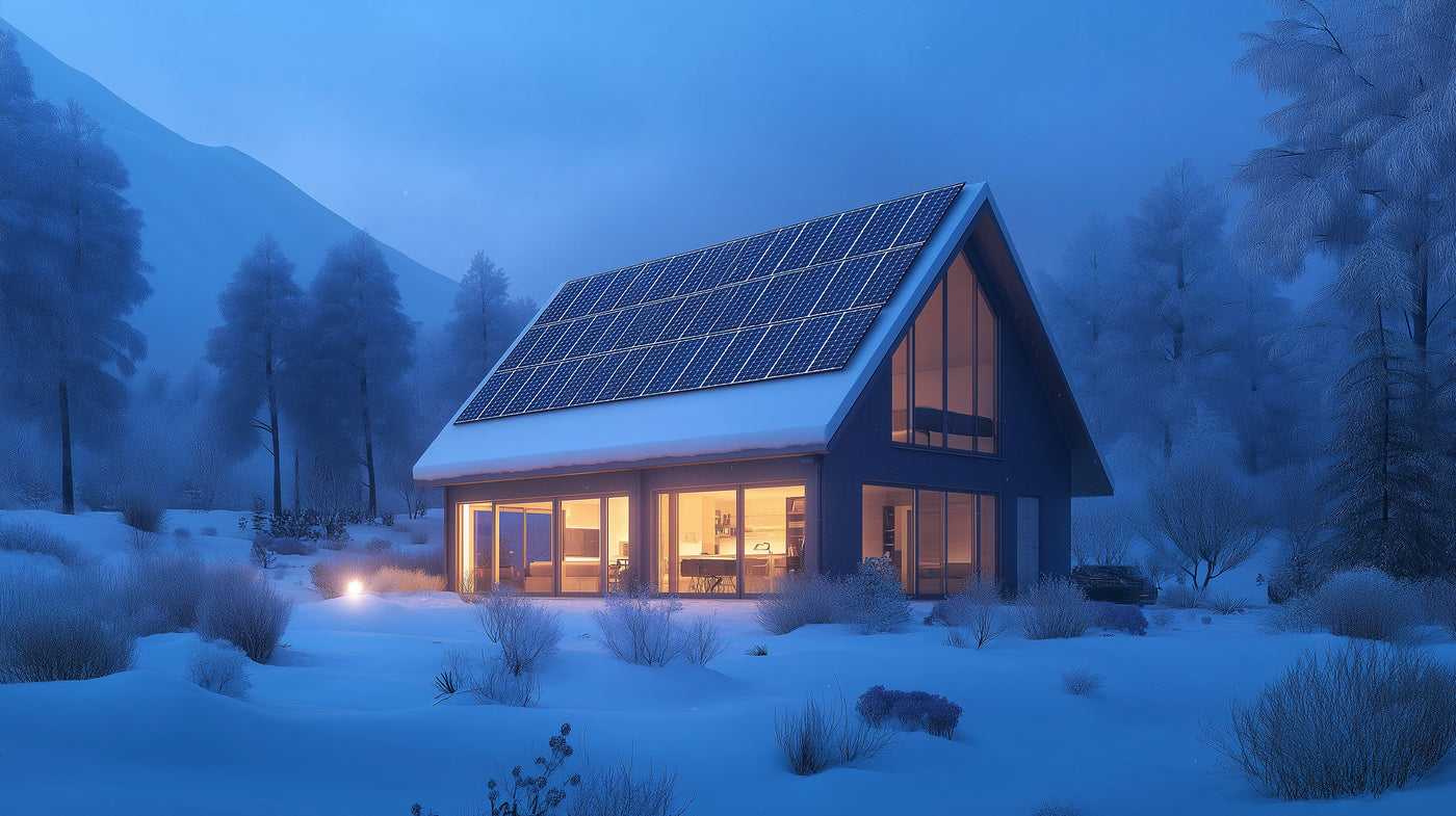 Solar panels on a house, glowing in the snow.