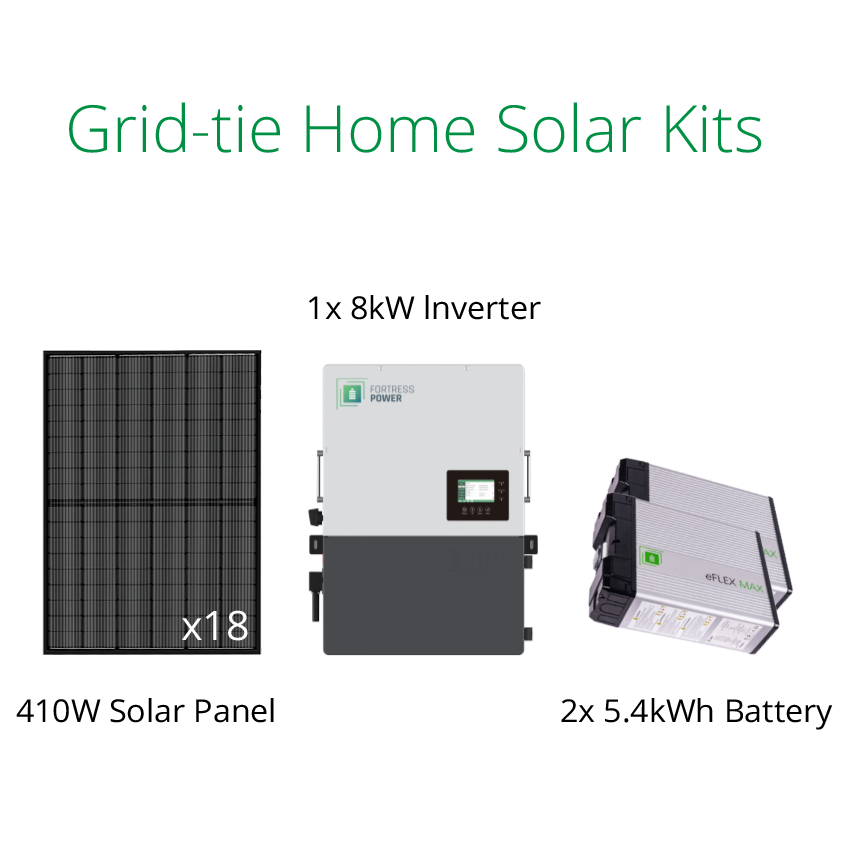 7.38kW Grid tie solar kit: Fortress Envy 8kW hybrid inverter, eFlex Max 5.4kWh battery and 410W solar panel.