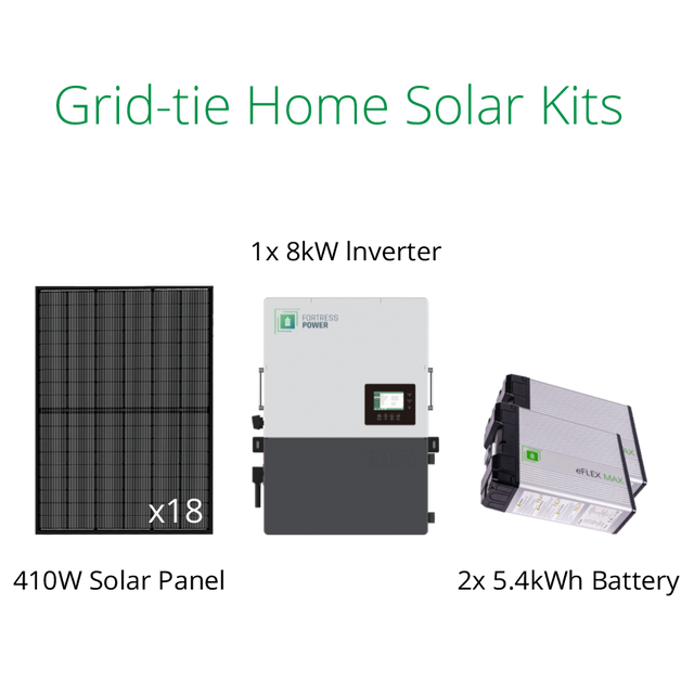 7.38kW Grid tie solar kit: Fortress Envy 8kW hybrid inverter, eFlex Max 5.4kWh battery and 410W solar panel.