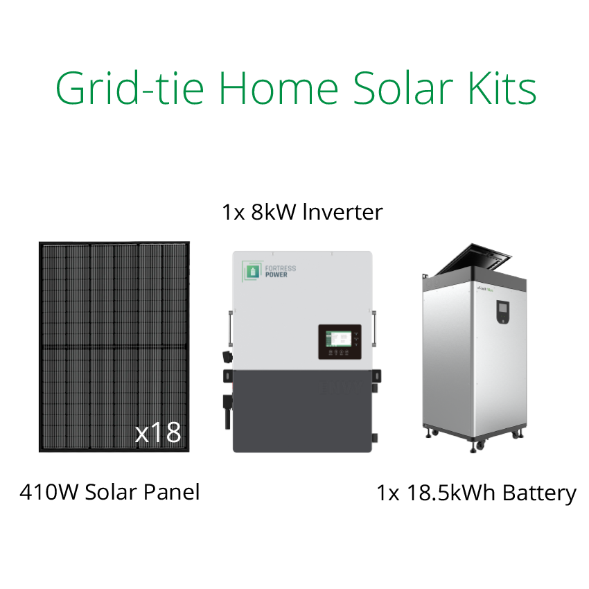 410W solar panel grid tie kit with Fortress Envy 8kW inverter and eVault Max 18.5kWh battery.