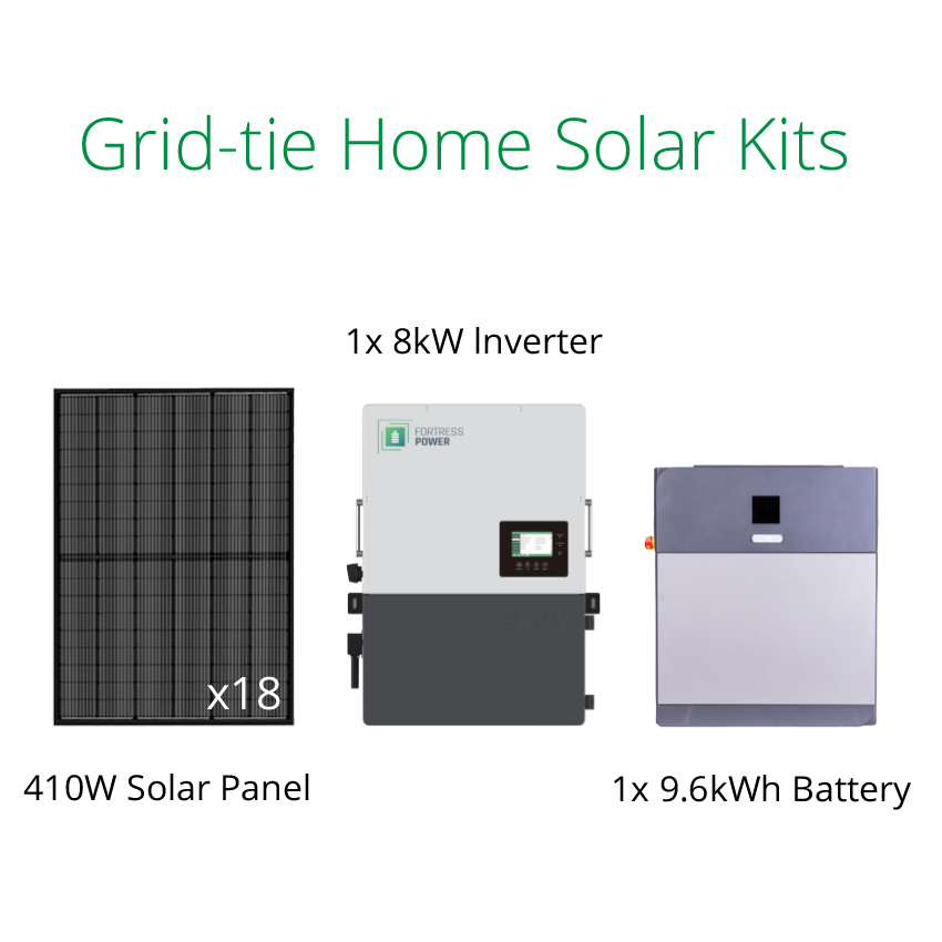 7.38kW DIY grid tie solar kit including Fortress eForce 9.6kWh battery, Envy 8kW inverter,  and 410W solar panel.