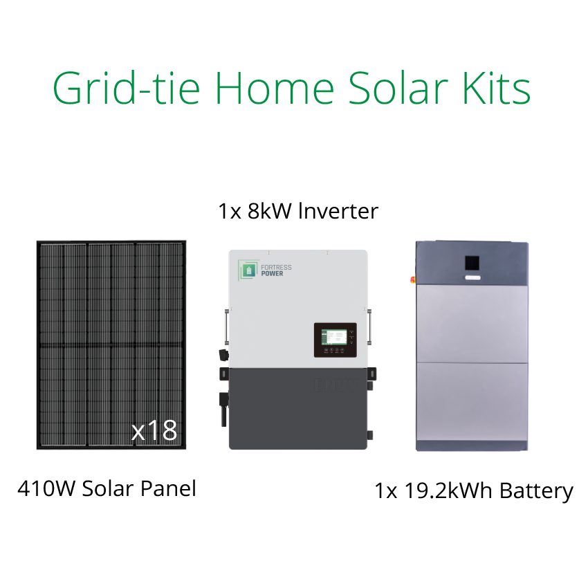 7.38kW grid tie solar system kit with Fortress eForce 19.2kWh battery, Envy 8kW hybrid inverter, and 410W solar panel.