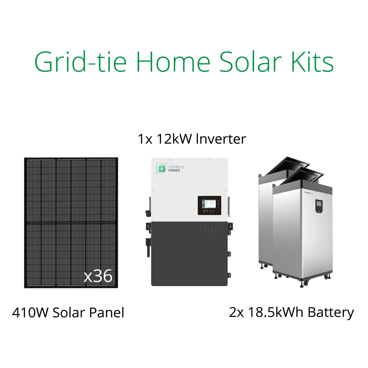 DIY grid tied solar system with 14.76kW solar panels, Fortress Envy 12kW inverter and eVault 18.5kWh battery. 