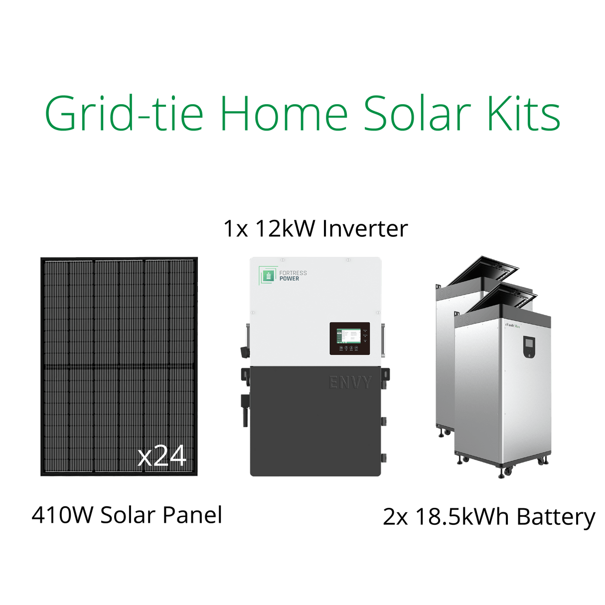 9.84kW solar panel system, grid tie kit with Fortress Envy 12kWinverter and eVault 18.5kWh battery. 