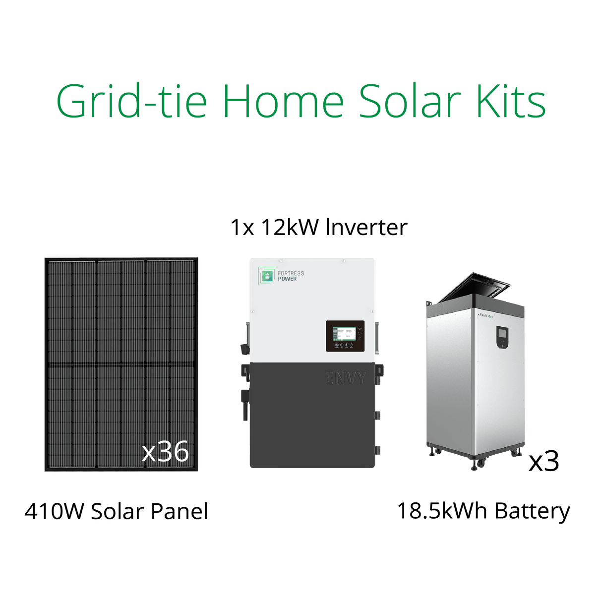 DIY grid tie solar kits with 410W solar panel, Fortress Envy 12kW inverter and eVault 18.5kWh lithium battery.