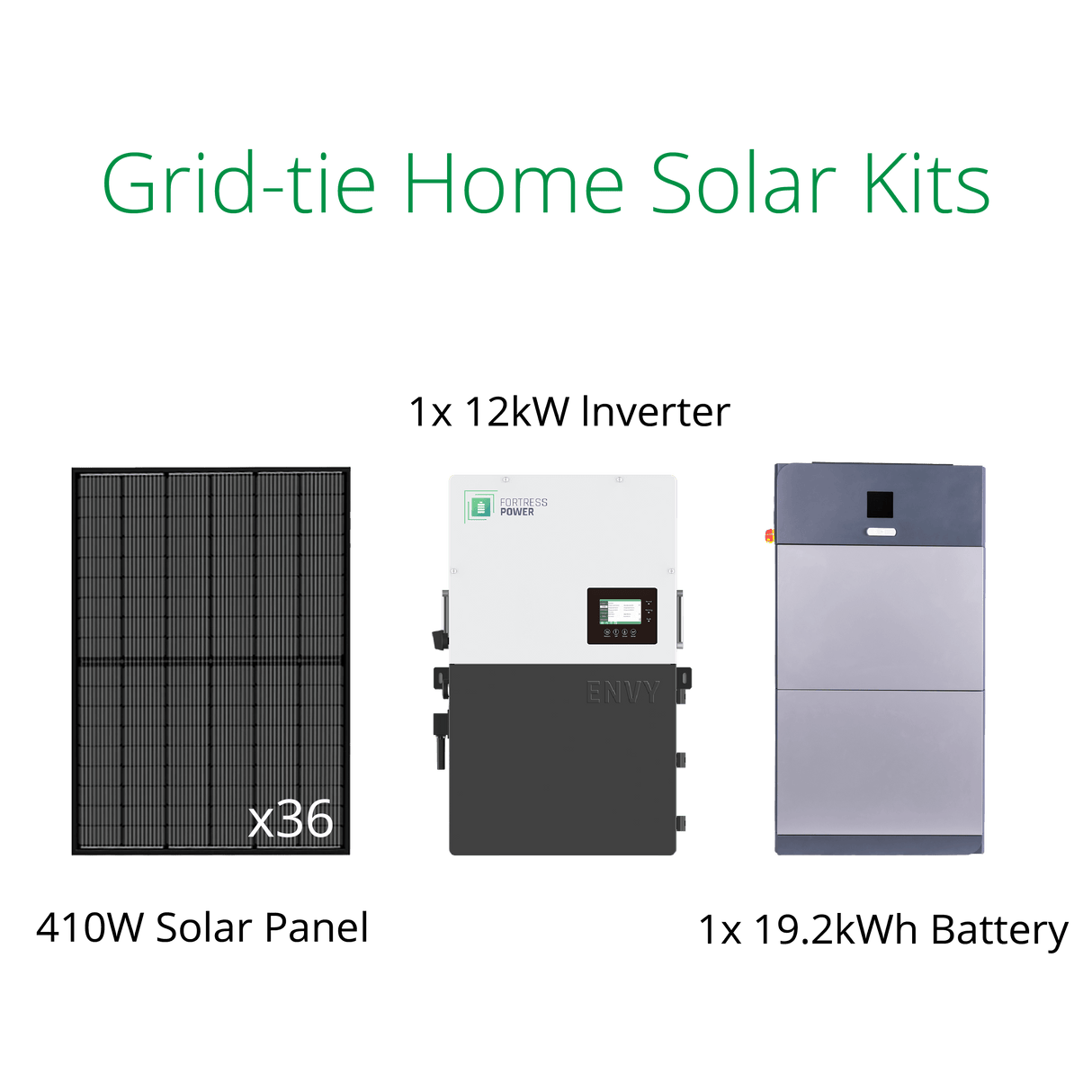 DIY solar kits grid tie with 14.76kW solar panels, Fortress Envy 12kW inverter and eForce 19.2kWh lithium battery. 