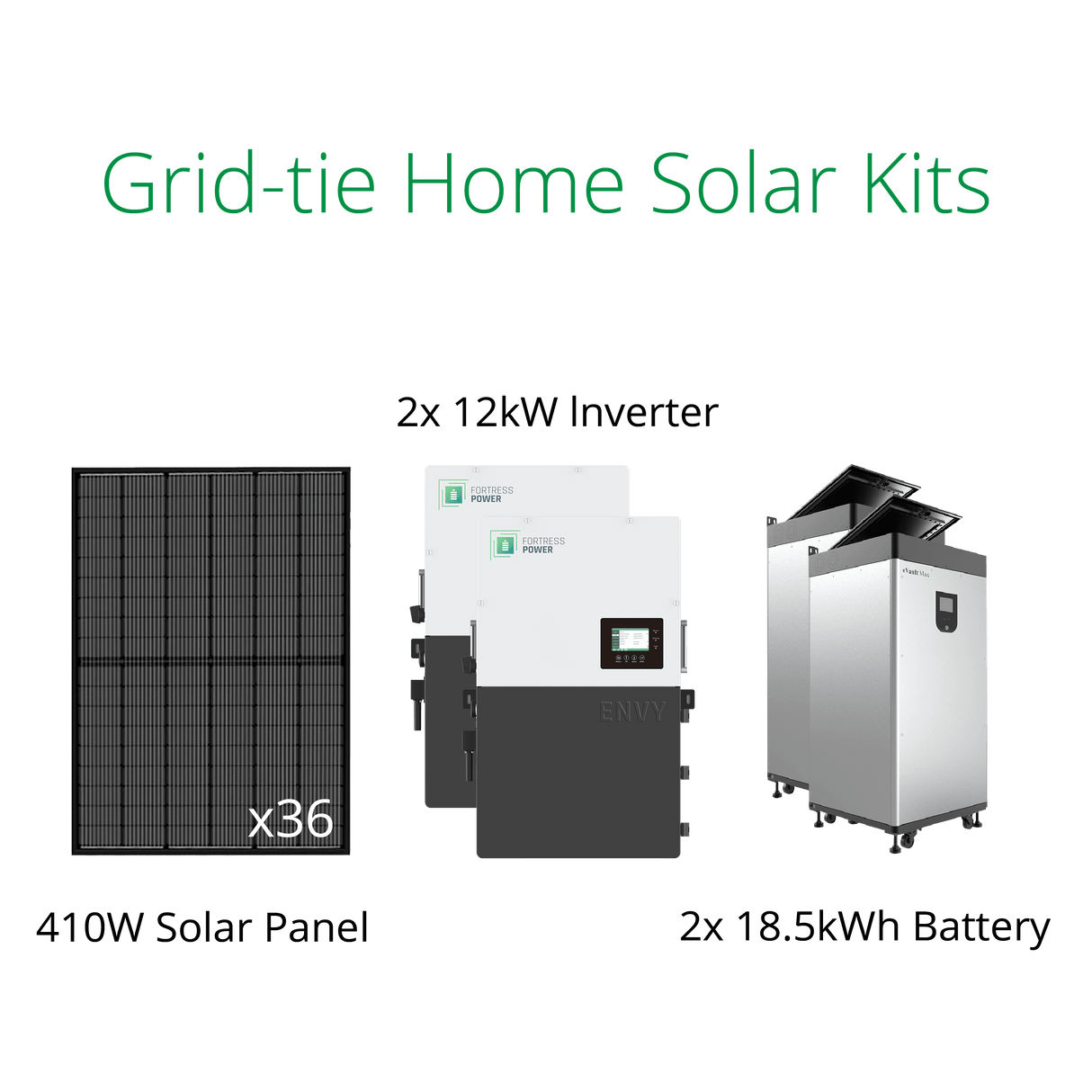 14.76kW solar panel packages with Fortress Envy 12kW grid tie inverter and eVault Max 18.5kWh lithium battery.
