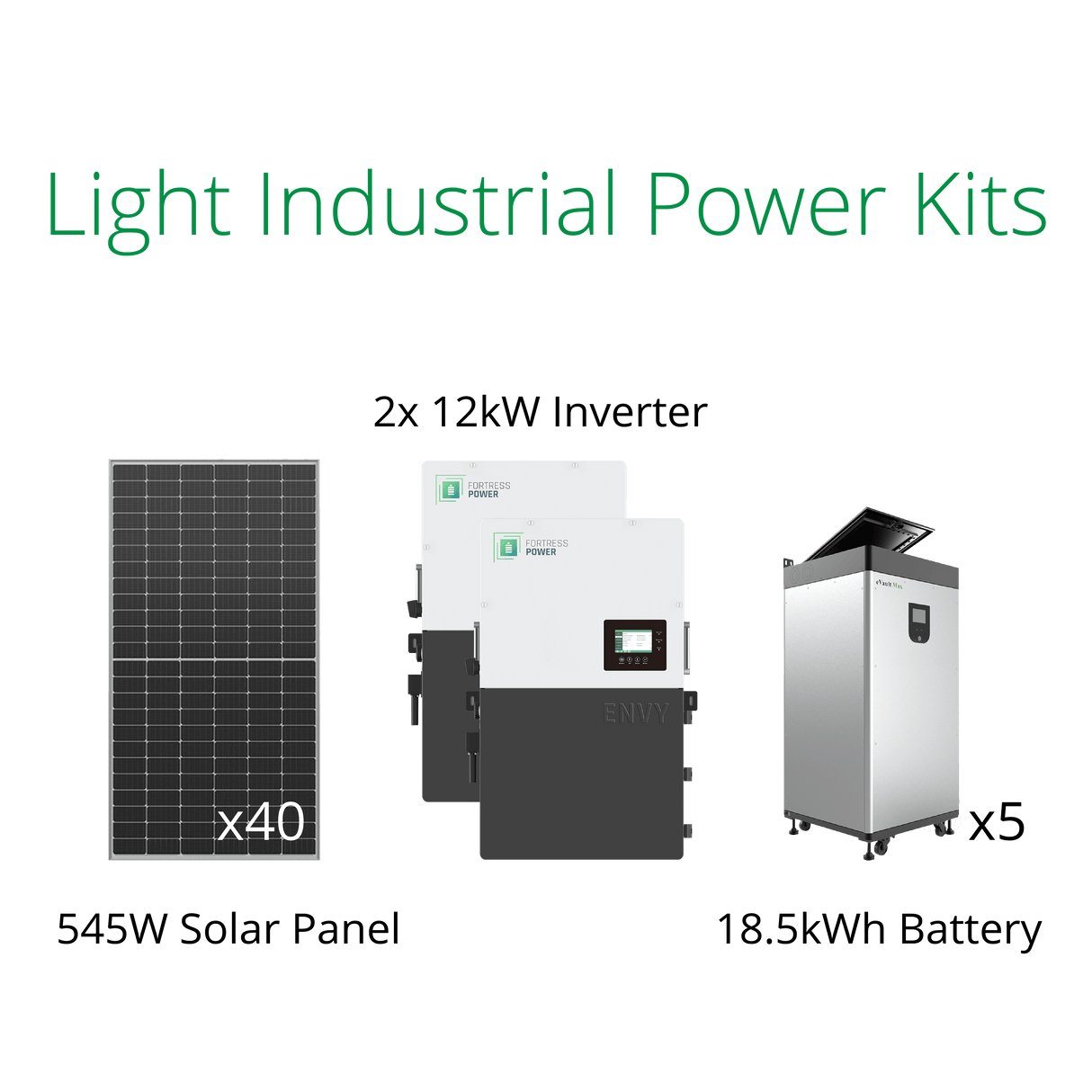 21.8kW commercial solar panels kits with Fortress 12kW hybrid inverter and eVault Max 18.5kWh battery.