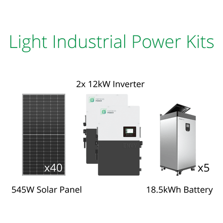 21.8kW commercial solar panels kits with Fortress 12kW hybrid inverter and eVault Max 18.5kWh battery.