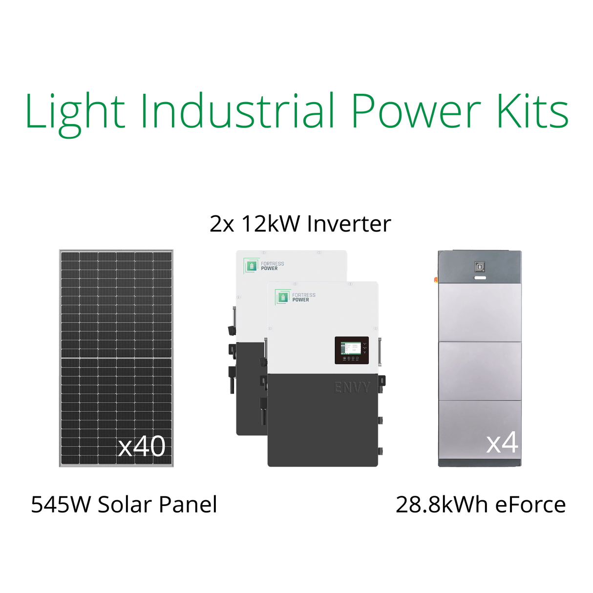 21.8kW complete solar system for business, with Fortress 12kW hybrid inverter and eForce 28.8kWh lithium battery.