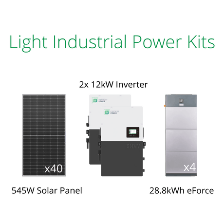 21.8kW complete solar system for business, with Fortress 12kW hybrid inverter and eForce 28.8kWh lithium battery.
