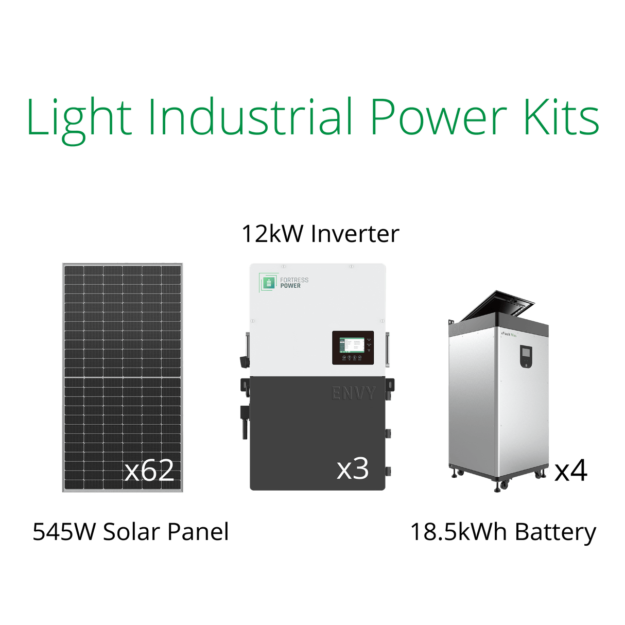 33.79kW solar panels for commercial buildings, with Fortress Envy 12kW inverter and eVault Max battery.