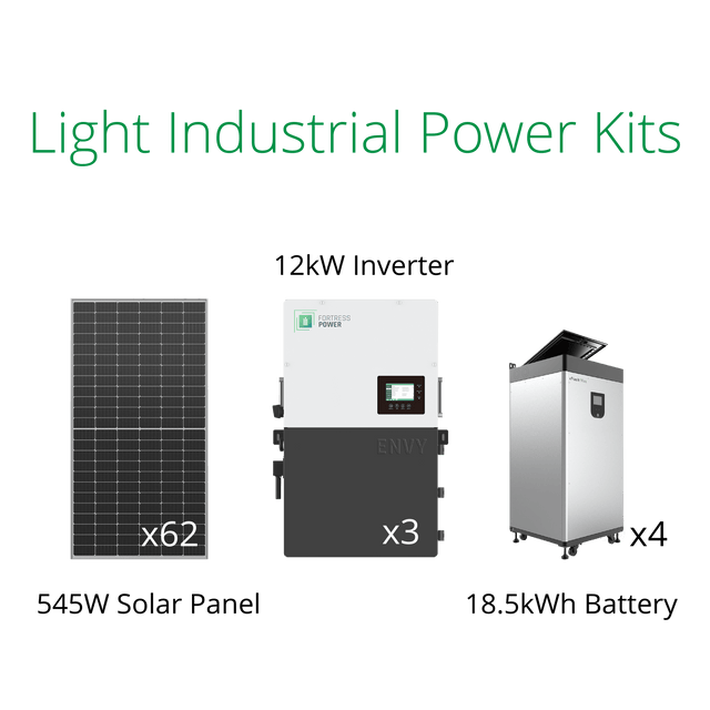33.79kW solar panels for commercial buildings, with Fortress Envy 12kW inverter and eVault Max battery.