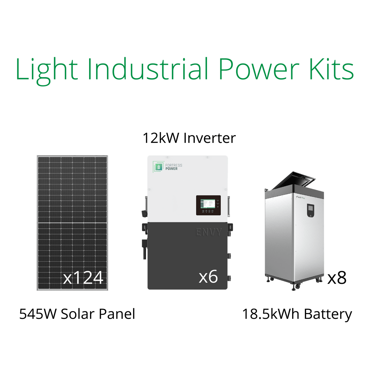 67.58kW solar panels kits for business with Fortress Envy 12kW inverter and eVault MAX lithium battery.