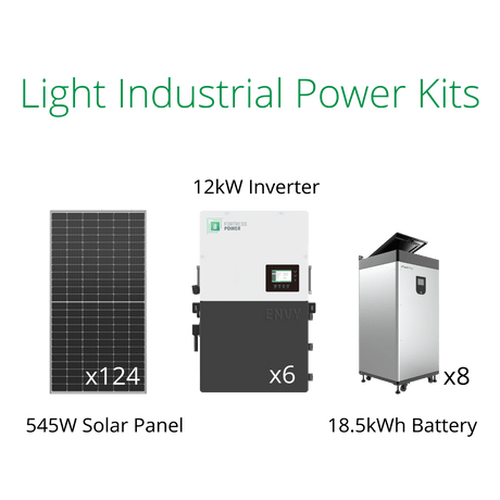 67.58kW solar panels kits for business with Fortress Envy 12kW inverter and eVault MAX lithium battery.