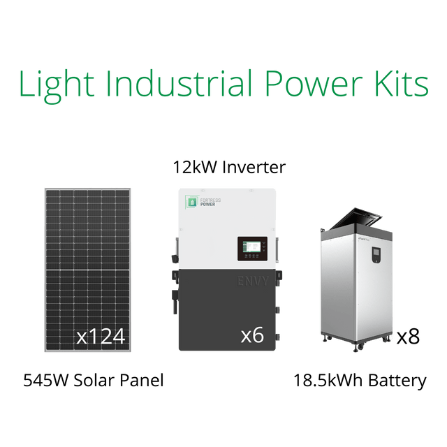 67.58kW solar panels kits for business with Fortress Envy 12kW inverter and eVault MAX lithium battery.