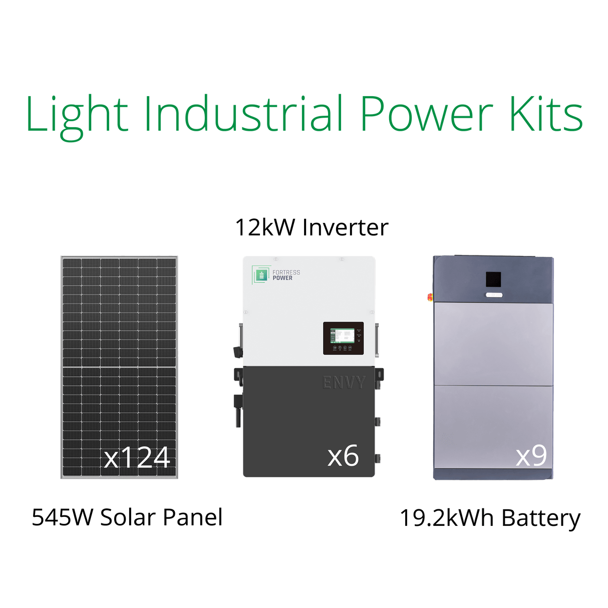 Industrial solar power system with Fortress 12kW hybrid inverter, eForce 19.2kWh 48V lithium battery and 545 watt solar panels.