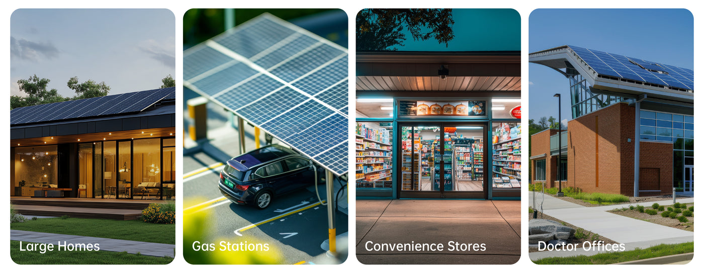 Solar system projects for small businesses like gas stations, convenience stores and doctor offices, saving daily operation costs.