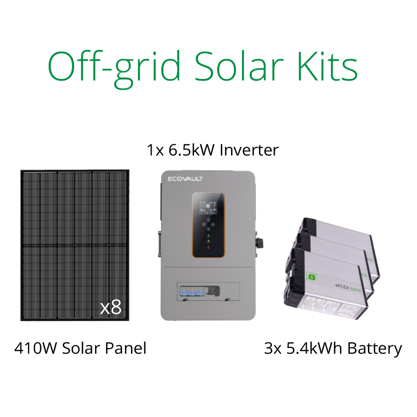 Small cabin solar system with 410W solar panels, 6500 watt inverter and eFlex max 5.4kWh battery.