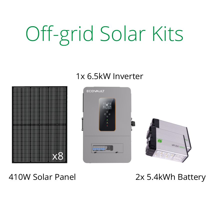 Small off-grid solar system with 8pcs 410W solar panels, 1pc 6500 watt inverter and 2pcs eFlex max 5.4kWh battery.
