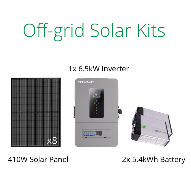 Small off-grid solar system with 8pcs 410W solar panels, 1pc 6500 watt inverter and 2pcs eFlex max 5.4kWh battery.