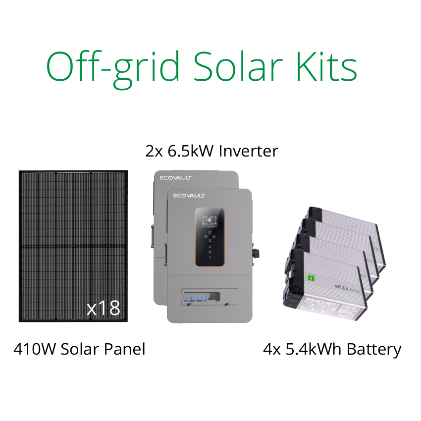off grid solar system packages with 7.38kW solar panels, 13kW off grid inverter and 21.6kWh battery.