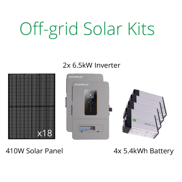 off grid solar system packages with 7.38kW solar panels, 13kW off grid inverter and 21.6kWh battery.