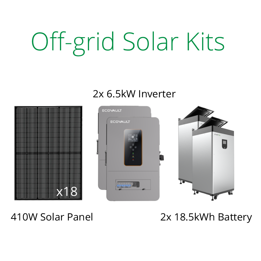 7.38kW solar panel kits with 13kW off grid inverter and 2pcs eVault Max 18,5kWh batteries.