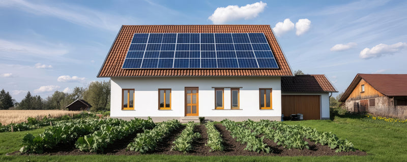 Off-grid homestead with solar system, where vegetables are thriving.