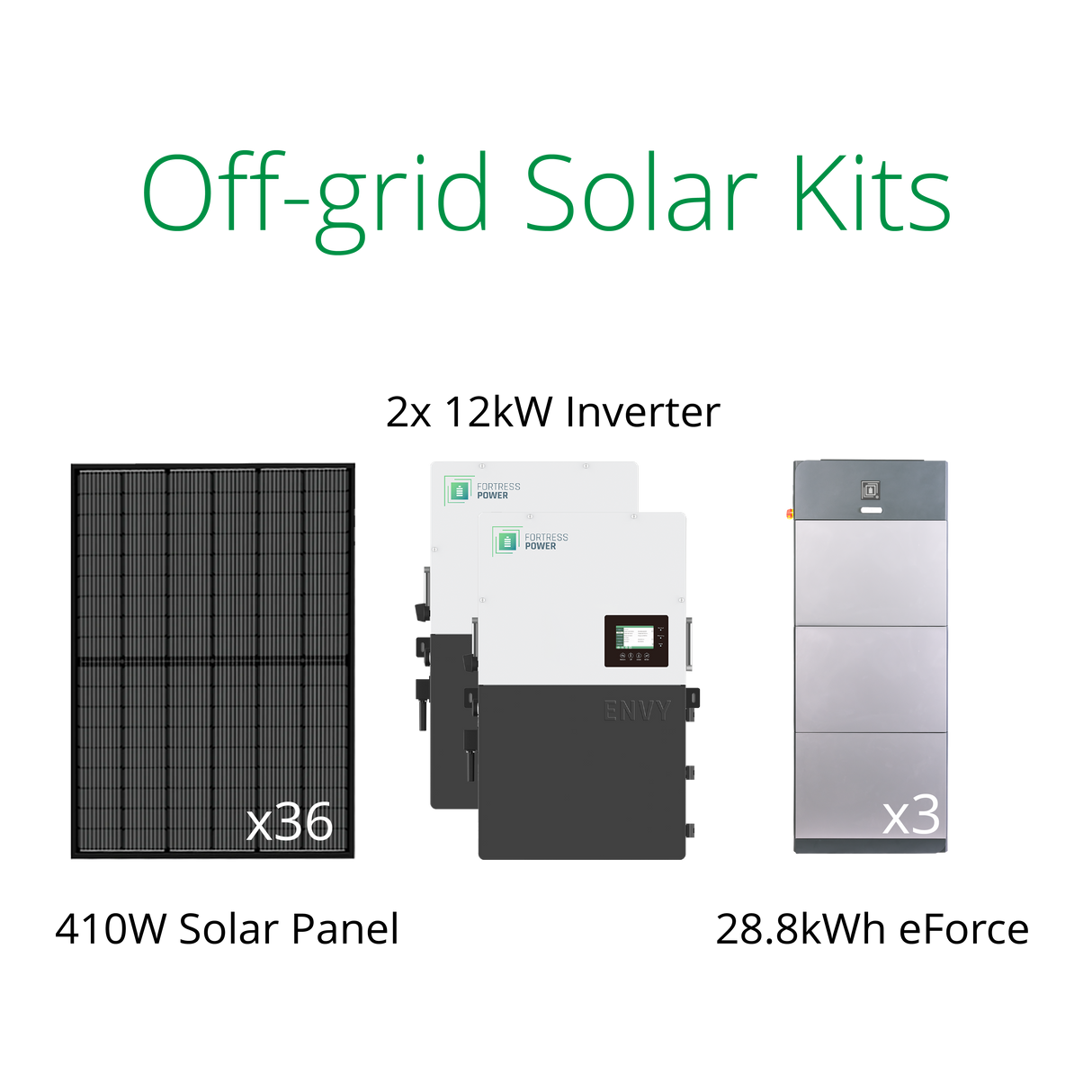 Off-grid solar kits with Envy 12kW inverter and eForce 48V solar batteries for homesteads to meet high power demand.