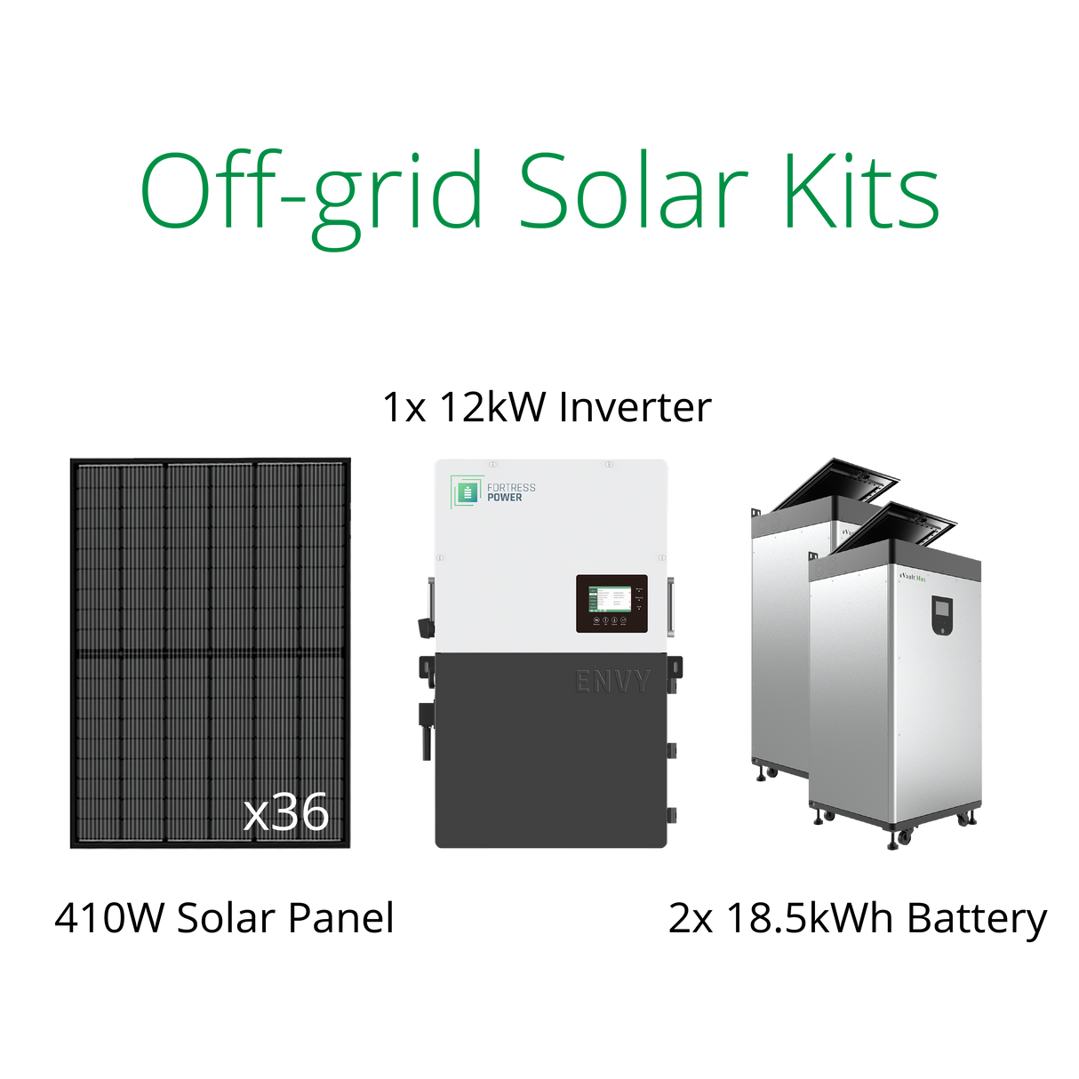 Off grid solar kits for homestead-36x410W solar panels, 1xEnvy 12kW hybrid solar inverter and 2x eVault max 18.5kWh batteries back up.