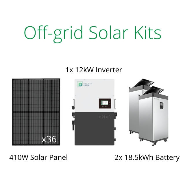 Off grid solar kits for homestead-36x410W solar panels, 1xEnvy 12kW hybrid solar inverter and 2x eVault max 18.5kWh batteries back up.