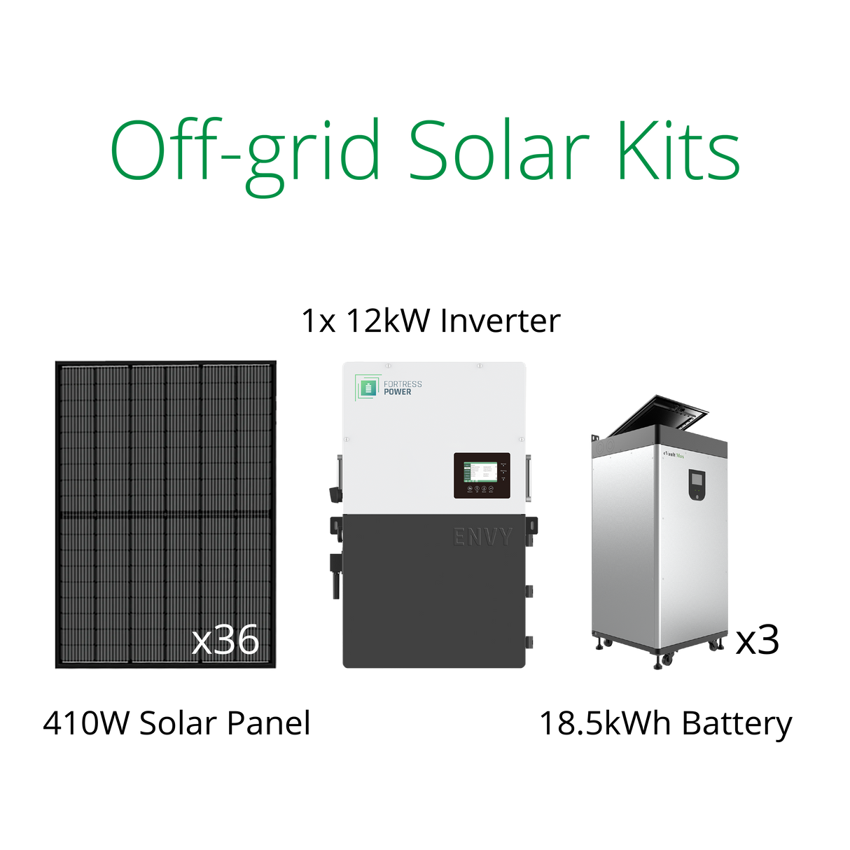 DIY solar power kits for homestead-36x410W solar panels, 1xEnvy 12kW hybrid solar inverter and 3x eVault max 18.5kWh batteries back up.