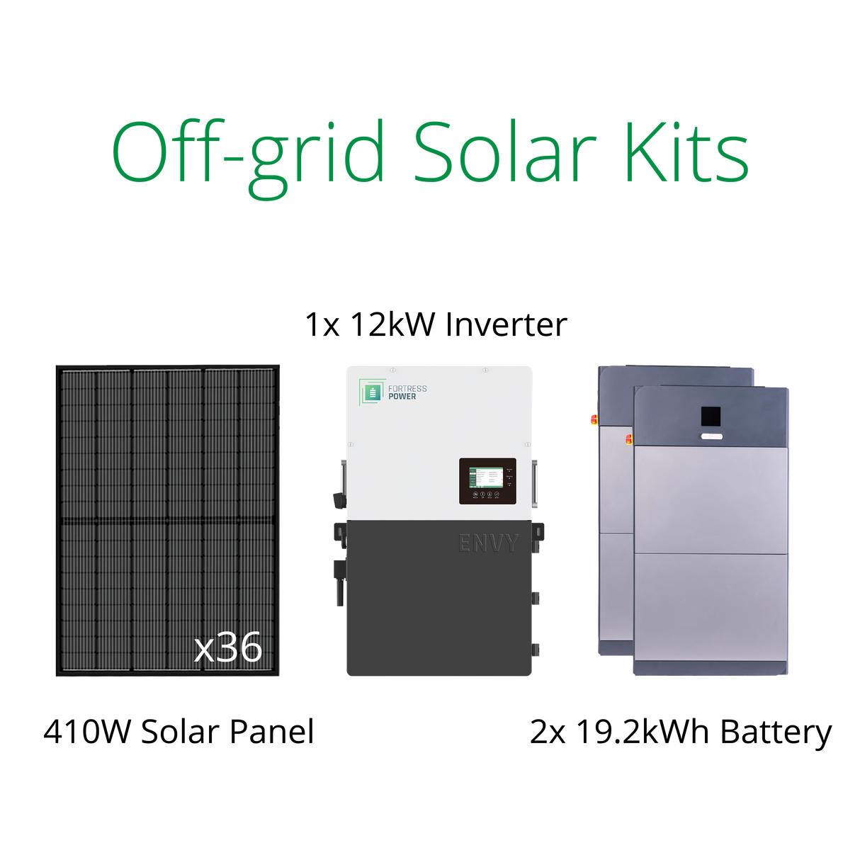DIY off grid solar kits for homestead-36x410W solar panels, 1xEnvy 12kW hybrid solar inverter and 2x eForce 19.2kWh outdoor batteries.