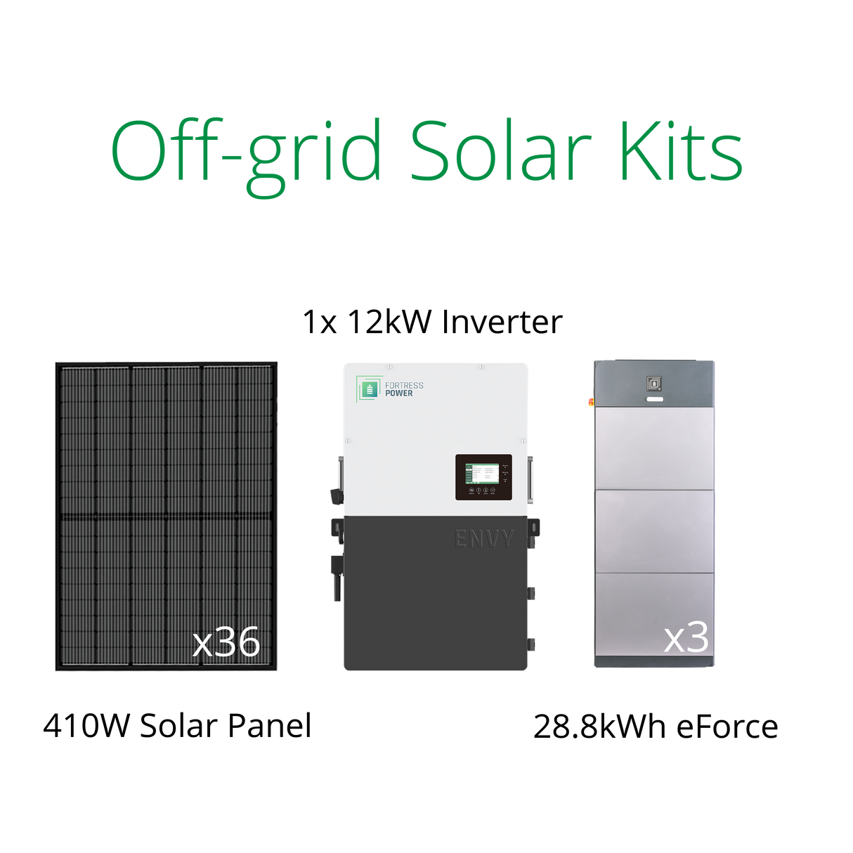 Off grid solar system kit-410W solar panels, Fortress Power Envy 12kW hybrid inverter and eForce 28.8kWh solar lithium battery.