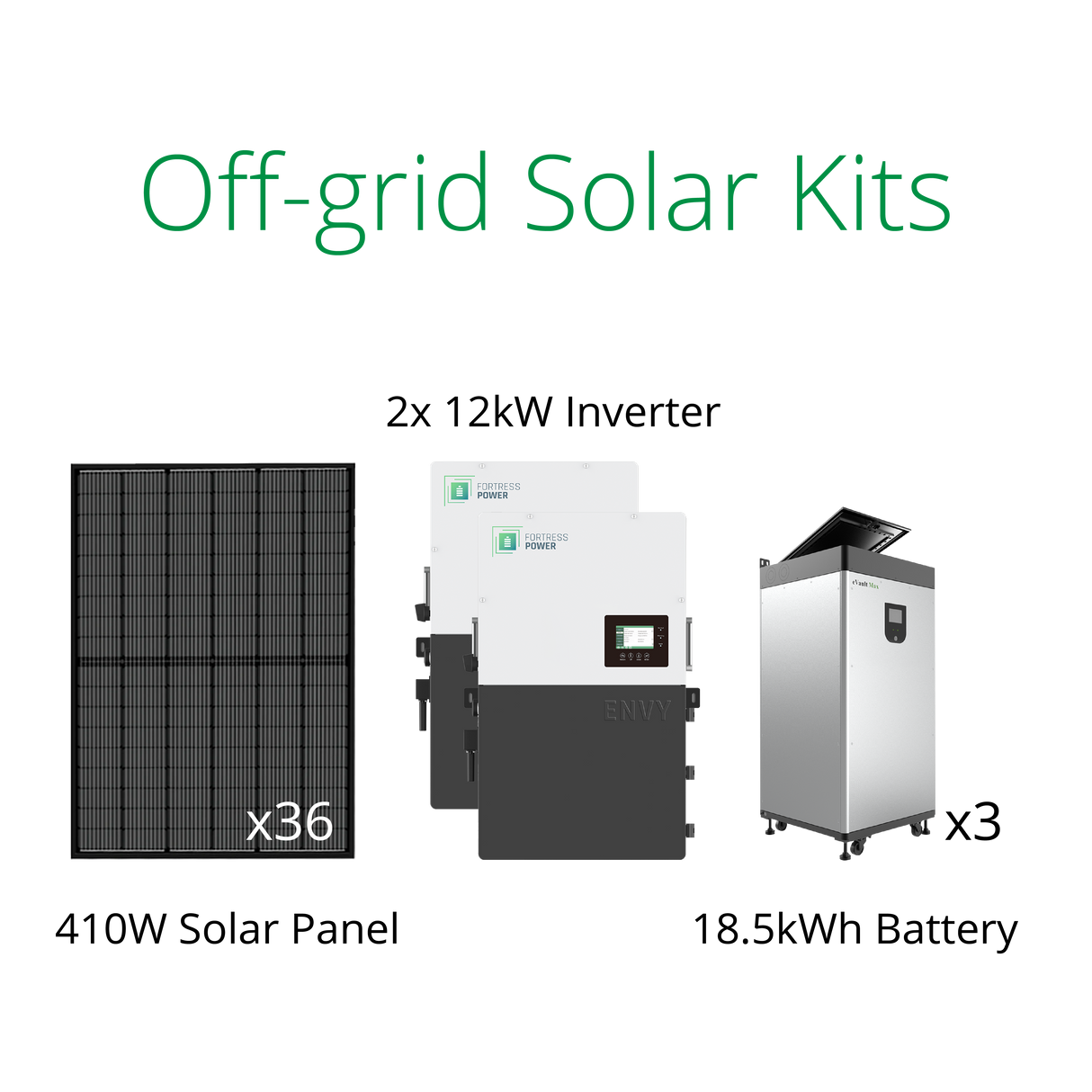 off grid easy-to-install solar kits-410W solar panels with Fortress Power 12kW Hybrid Inverter and eVault Max 1.5kWh battery backup.