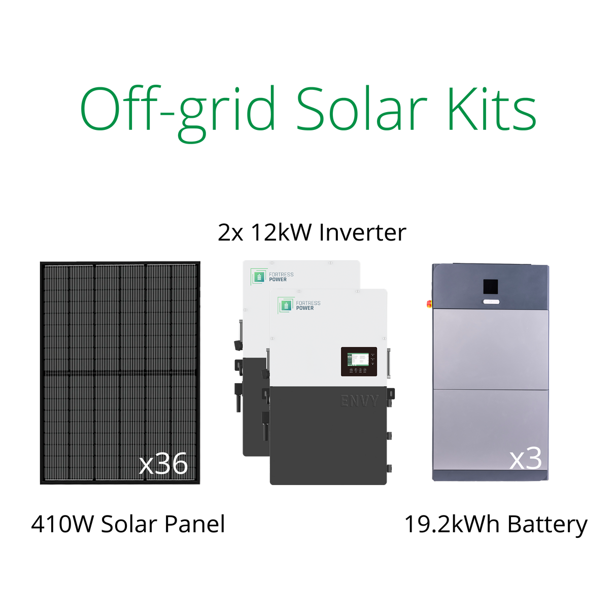 DIY solar systems kits-410W solar panels, Envy 12kW off grid & grid tie inverter and eForce 19.2kWh 48V lithium battery.