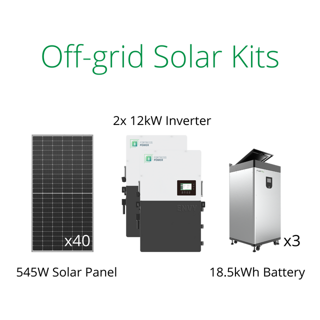 Off grid solar power kits for farm including solar panel, Fortress Envy hybrid inverter and eVault Max solar battery.
