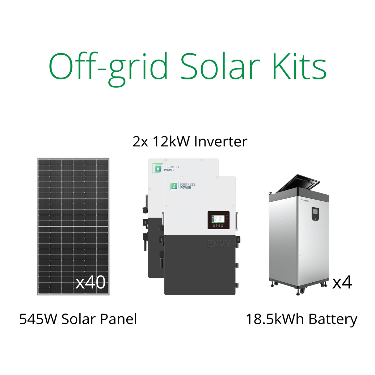 21.8kW solar kits for off-grid farm with solar panel, Fortress Envy Inverter and eVault Max battery.