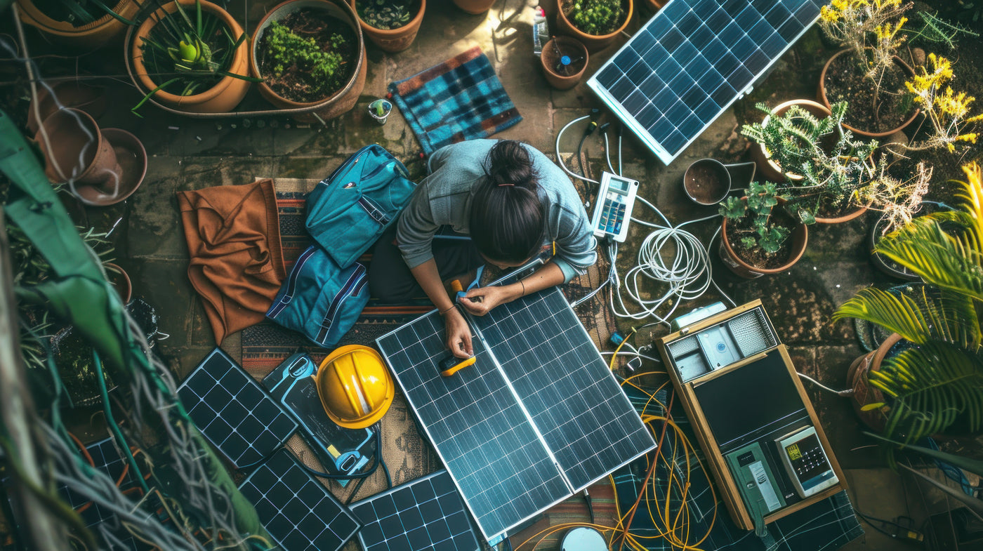 A girl are installing home solar panels.