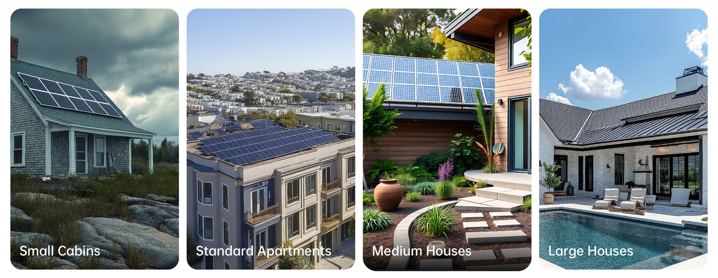 Build solar panels at home for small cabins, apartments, medium houses, and large homes.