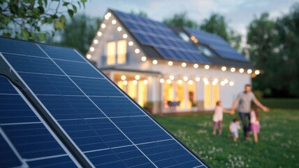 Solar panels light up the house, family having fun.
